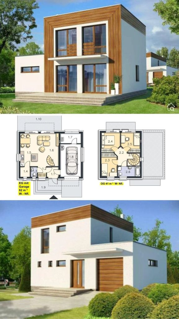 modern house plan with 2 story, garage & flat roof minimalist architecture design
