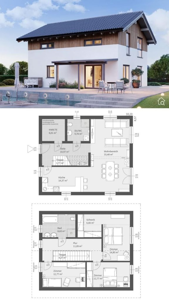 modernes einfamilienhaus mit holz putz fassade, satteldach & 4 zimmer haus grundriss bauen